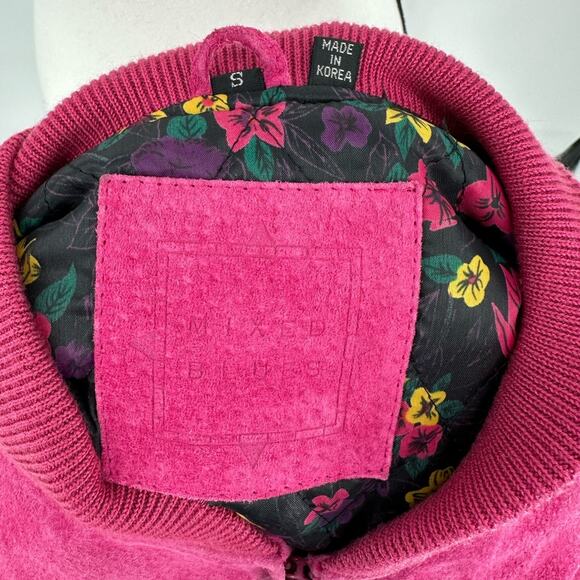 Vintage Mixed Blues Leather Bomber Jacket Barbie Pink Floral Lining Retro Small - Picture 11 of 14